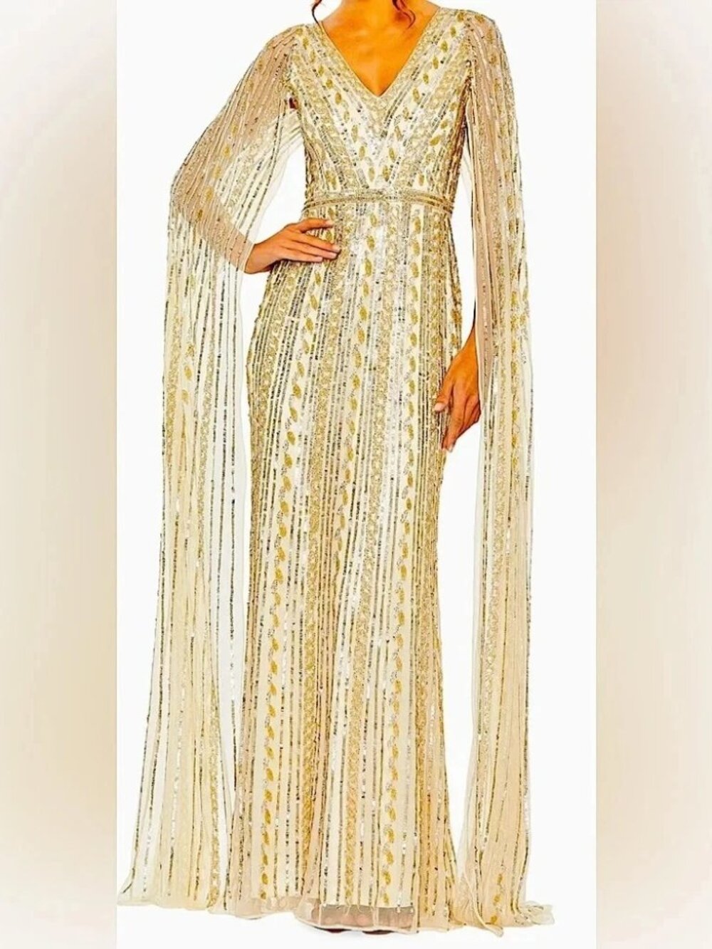 Mac Duggal Nude Gold Embellished Sequin Beaded Column Cape Gown